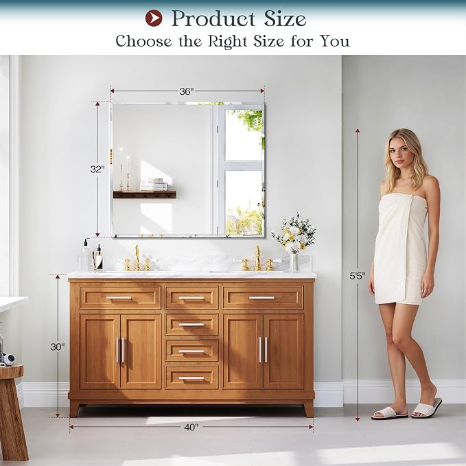 Frameless Bathroom Mirror, 32"x36" Beveled Bathroom Vanity Mirror | Wall Mount Mirrors for Bedroom Entryway Living Room Hangs Horizontally or Vertically