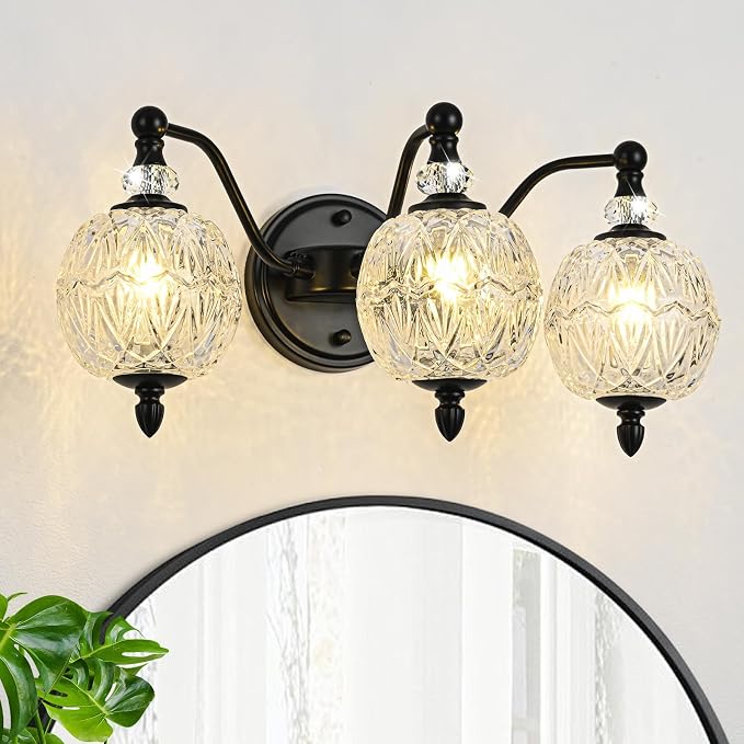 Matte Black Bathroom Vanity Light, 3-Light Mid Century Farmhouse Wall Sconce with Globe Glass Shades, Retro Mirror Light for Bathroom, Powder Room