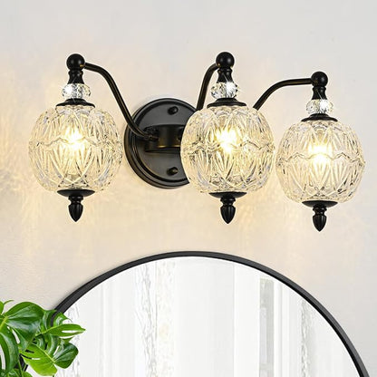 Matte Black Bathroom Vanity Light, 3-Light Mid Century Farmhouse Wall Sconce with Globe Glass Shades, Retro Mirror Light for Bathroom, Powder Room