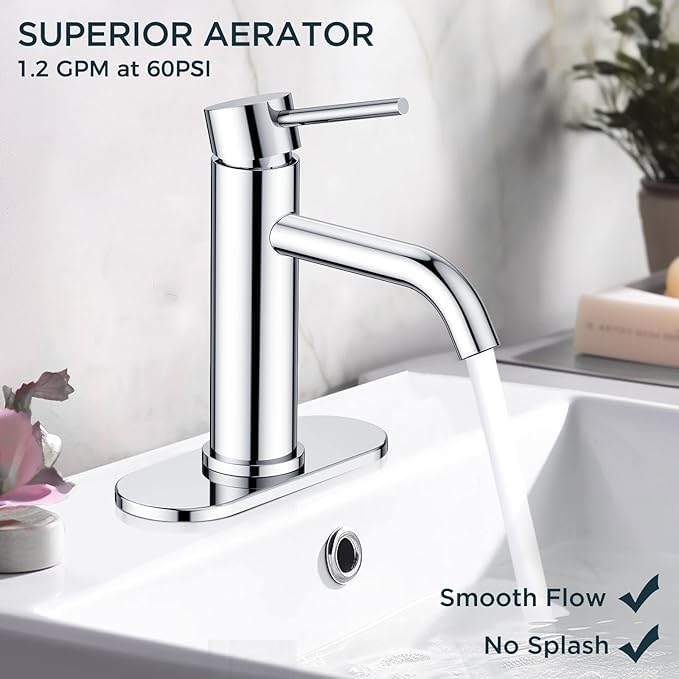 FORIOUS Single Hole Bathroom Faucets 1 Handle, Chrome Bathroom Sink Faucet with Metal Pop up Drain and Supply Hose, Suitable for Vanity Lavatory Restroom Remodel