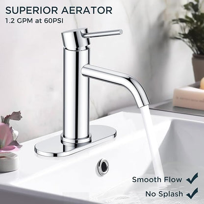 FORIOUS Single Hole Bathroom Faucets 1 Handle, Chrome Bathroom Sink Faucet with Metal Pop up Drain and Supply Hose, Suitable for Vanity Lavatory Restroom Remodel