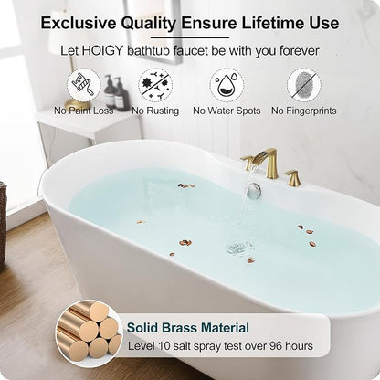 Brass Waterfall Tub Faucet, 3 Hole Brushed Gold Bathtub Faucet Set, 6-16 Inch Widespread Deck Mount with 2 Handle & cUPC Supply Water Hoses for Roman Style, 20 Mins Quick Installation