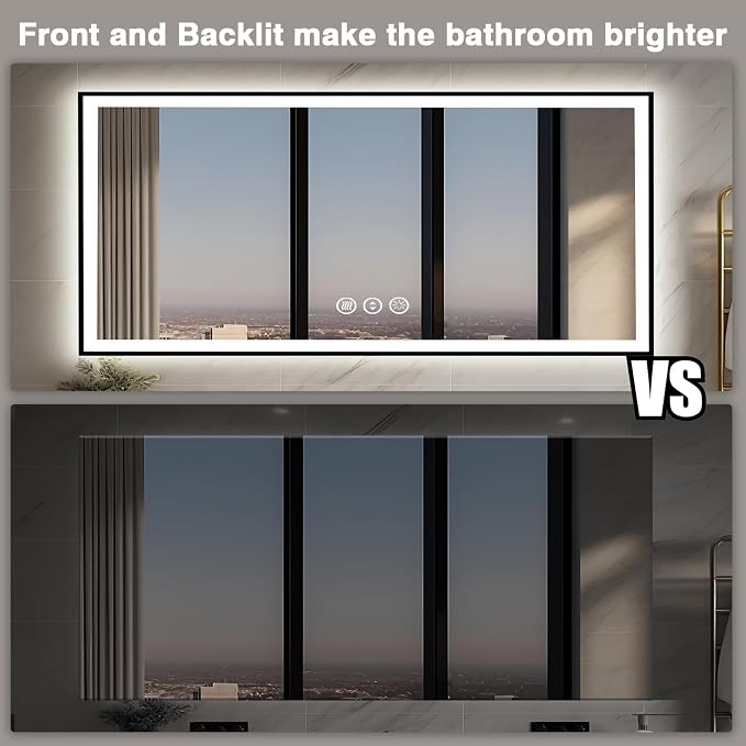 EchosLife 72x32 LED Bathroom Vanity Mirror - Black Aluminum Framed | Black Frame, Front and Backlit, Anti-Fog, Stepless Dimmable, 3 Colors, Memory, Tempered Glass, UL Listed, Horizontal/Vertical