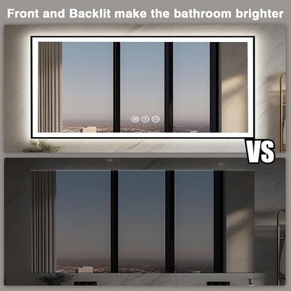 EchosLife 72x32 LED Bathroom Vanity Mirror - Black Aluminum Framed | Black Frame, Front and Backlit, Anti-Fog, Stepless Dimmable, 3 Colors, Memory, Tempered Glass, UL Listed, Horizontal/Vertical