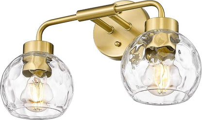 zeyu 2-Light Gold Globe Vanity Light, Water Ripple Glass, ZS62BG-2W BG-WG | Bathroom Lighting Fixtures Over Mirror, Water Ripple Globe Glass, Brushed Gold Finish, Metal And Glass Construction
