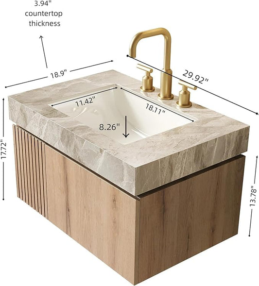 KEIKI 30 Inch Floating Bathroom Vanity with Sink, Modern Wall Mounted Storage Cabinet with Drawer, Pre-Assembled Waterproof Wood Panels, Sintered Stone Top & Ceramic Basin Combo Set, White Oak & Grey