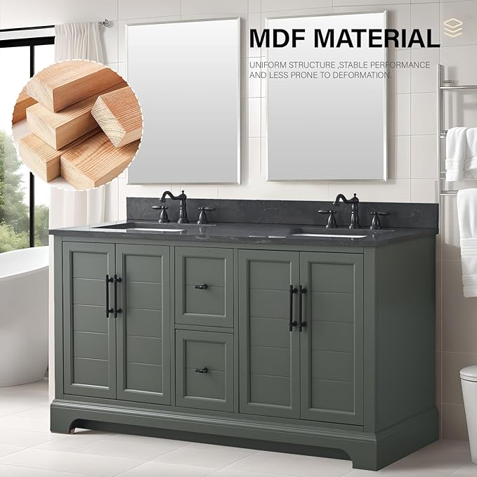 HOMEBEYOND 60 Inch Bathroom Vanity with Double Sink & Ceramic Top, Vanity Cabinet with Center Countertop Basin, Soft-Closing Doors, Backsplash,Vintage Green