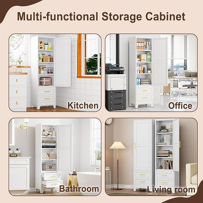 Tall Metal Narrow Storage Cabinet 67" H with 2 Drawer, White Pantry Cabinets with 3 Adjustable Shelves and Door,Tall Bathroom Cabinet for Kitchen, Home Office, Living Room, Dining Room