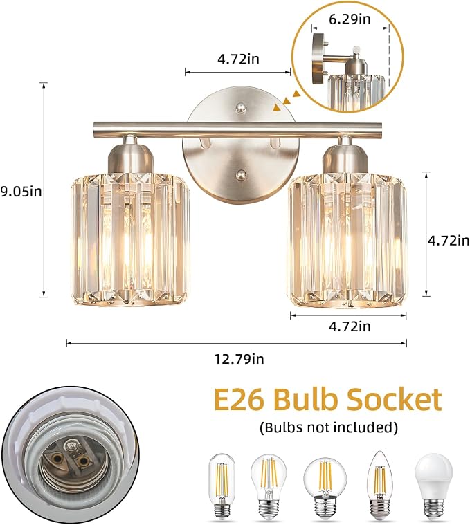 Modern 2 Light Crystal Vanity Light, Brushed Nickel Vertical Bathroom Light Fixture Over Mirror for Dressing Table Sink, Compatible with Dimmable Bulbs (Bulbs Not Included)