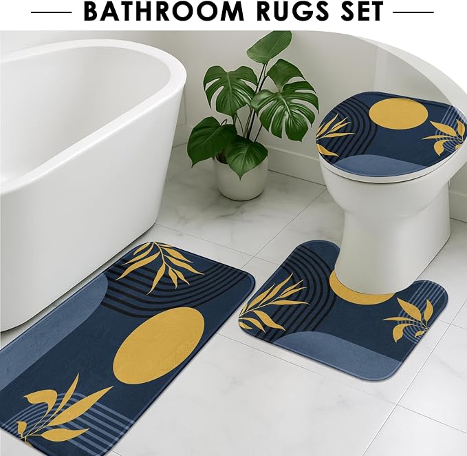 Boho Bathroom Sets with Shower Curtain and Rugs, 4 Pcs, Abstract | Geometric Minimalist Modern Bathroom Decor Set with Toilet Lid Cover, Non-Slip Bath Mats and Accessories 12 Hooks
