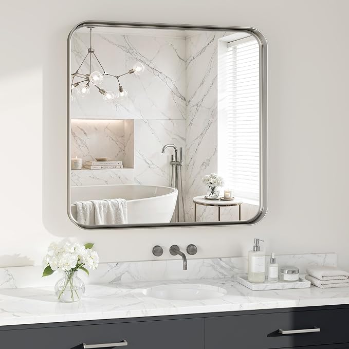 Bathroom Mirror for Wall, 30 Inch Square Mirror, Matte Silver Metal Framed Square Vanity Mirror for Bathroom Bedroom Living Room Entryway, Anti-Rust, Tempered Glass, Hanging or Leaning