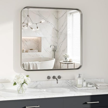 Bathroom Mirror for Wall, 30 Inch Square Mirror, Matte Silver Metal Framed Square Vanity Mirror for Bathroom Bedroom Living Room Entryway, Anti-Rust, Tempered Glass, Hanging or Leaning