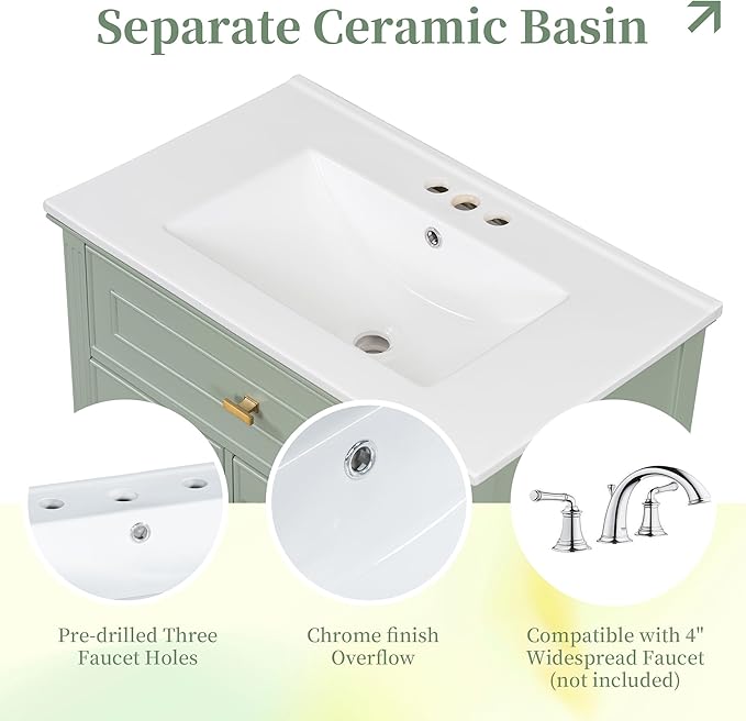 30" Bathroom Vanity with Ceramic Sink, Undermount Single Basin Bath Vanity Set w/1 Flip-Up & 2 Drawers,Modern Freestanding Storage Cabinet w/Adjustable Shelf,Solid Wood Frame,Green