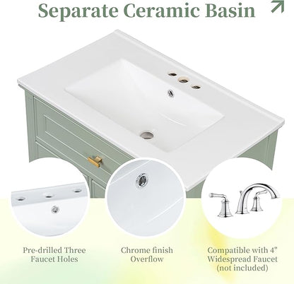 30" Bathroom Vanity with Ceramic Sink, Undermount Single Basin Bath Vanity Set w/1 Flip-Up & 2 Drawers,Modern Freestanding Storage Cabinet w/Adjustable Shelf,Solid Wood Frame,Green