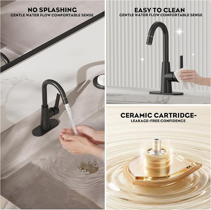 High Arc Bathroom Sink Faucet with Pull Down Sprayer, Tall Matte Black Single Handle Pull Out Faucet with Pop-Up Drain, 1 or 3 Hole Laundry Bar Basin Faucet with Deck Plate WE10CL-ZY-MB