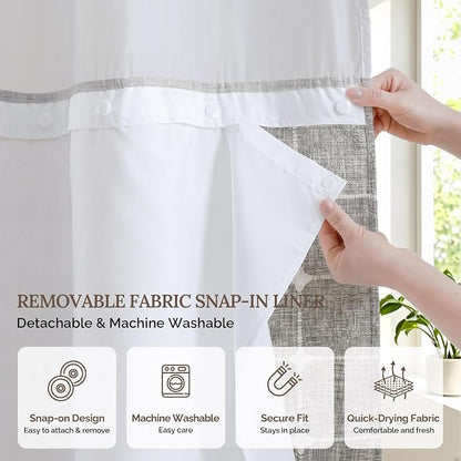 RiverDream Farmhouse No Hooks Shower Curtain with Snap-in Liner,Khaki,71x74 | Snap on Fabric Liner,Heavy Duty,Quick Dry,Mesh Top Window,With Bottom Magnets,Washable,with Tassels,Standard Size