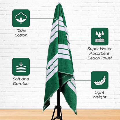 Superior Oversized Cotton Beach Towel Set of 4, Absorbent Towels for Bathroom, Beach, Pool, Swim, Adults, Kids, Vacation, Travel, Bath, Quick Dry Basics, Trip Essentials, Striped Decor, Dark Green