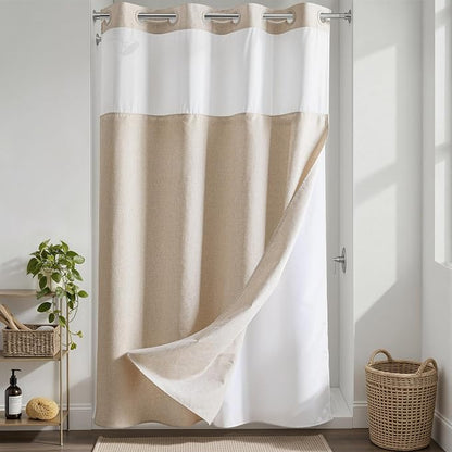 River Dream Linen Textured No Hooks Shower Curtain with Liner,Linen,54x80 | Stall,Mesh Top Window,with Snap-in Liner,Heavy Duty Fabric,Quick Dry,Bottom Magnets,Water-Repellent,Washable,Bathroom Set