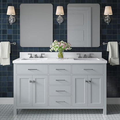 ARIEL Bristol 60-inch Bathroom Vanity with Sink,Solid Wood, 1.5-inch Pure White Quartz Countertop & Backsplash, Double Rectangular Porcelain Sink, 4 Soft Closing Doors, 3 Dovetail Drawers, Grey