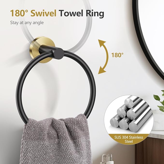 TQKAG 5 Piece Black and Gold Bathroom Accessories, Towel Racks for Bathroom | 23.6" Bathroom Hardware Set, SUS304 Stainless Steel, Double Post Pivoting, Towel Hooks, Toilet Paper Holder Set Wall Mounted