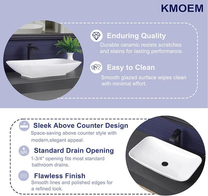 Vessel Sink 28"x16" Rectangular Bathroom Sink Modern White Porcelain Ceramic Above Counter Vanity Sink for Bathrooms Art Basin