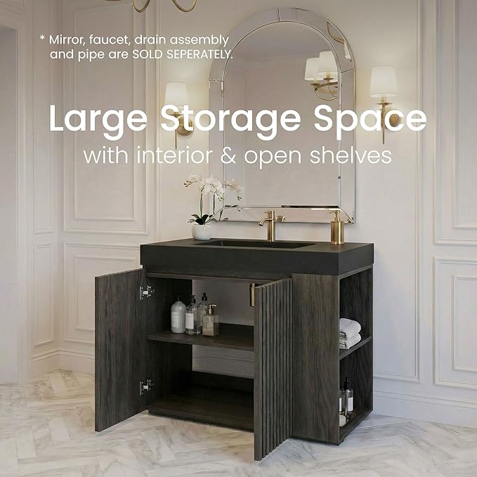 36" Bathroom Vanity with Sink Combo, Mid Century Modern Bathroom Cabinet with Doors & Open Shelf, Matte Black Integrated Sink with Overflow, Dark Grey Oak