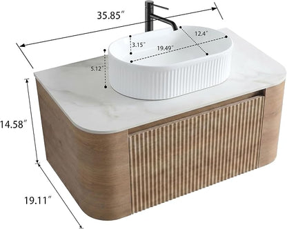 36" Preassembled Floating Bathroom Vanity with White Sink, Oak | Mid-Century Modern Style, Fluted & Soft-Close Drawer with U-shaped Wall, Sinterted Stone Countertop, Towel Rack Included