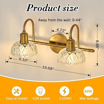 UOFUS Vintage Bathroom Light Fixtures Gold Bathroom Vanity Light Matte Antique Brass 2-Light Wall Sconces Lighting for Bedroom Living Room Hallway