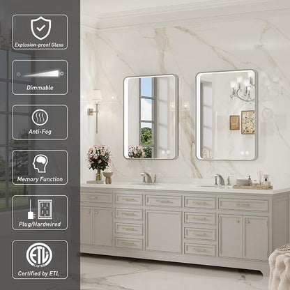 28x36 Inch LED Sliver Frame Bathroom Mirror,ETL Listed | Anti-Fog,3 Color 3000K/4500K/6000K Dimmable,Horizontal & Vertical,Wall Mounted,Memory Function,Ideal for Bathroom,Vanity
