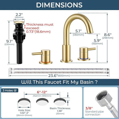 FGKQ Bathroom Faucet for Sink 3 Hole Brushed Glod, Bathroom Sink Faucet with Pop Up Drain, 8 Inch Widespread Vanity 3 Hole, 360° Swivel Two Handle with Supply Lines