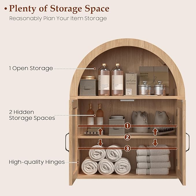 Arched Bathroom Wall Cabinet, Farmhouse Medicine Cabinet with Barn Door and with Adjustable Shelf, 23.6 x 28.7'' Wooden Storage Cabinet Wall Mounted for Bathroom Laundry Room Kitchen, Natural