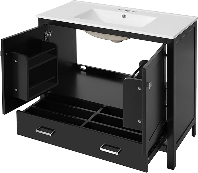Favfurish 36" Black Bathroom Vanity with Ceramic Sink,Modern Bathroom Vanity Cabinet w/Soft Close Doors and Deep Drawer,Stylish Bath Storage Solution w/Divided Drawer,Easy Assembly,Black