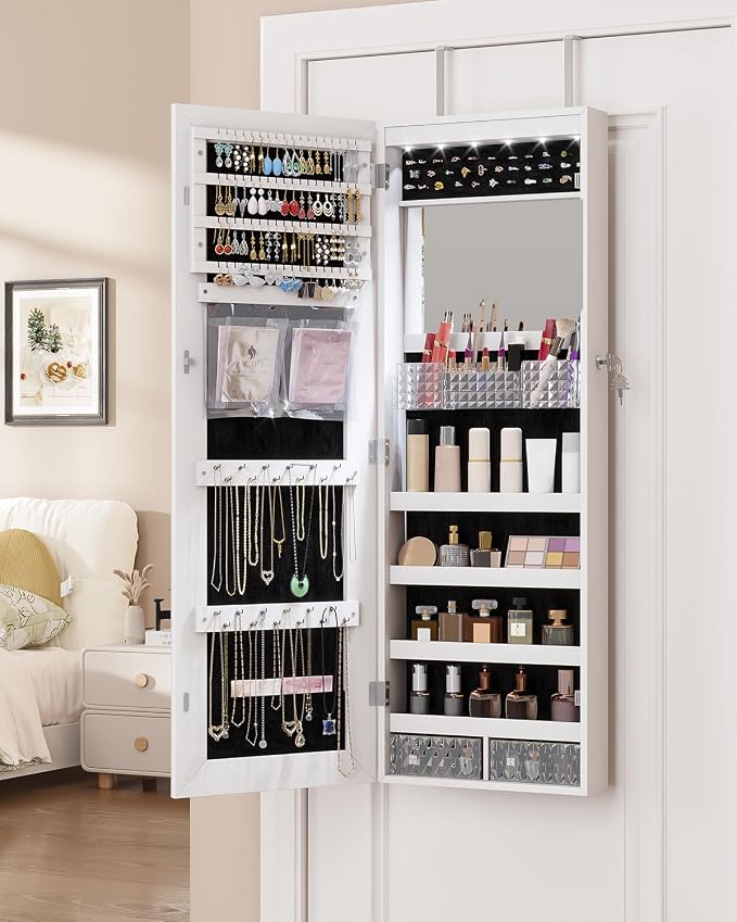 LVSOMT 42.5" Wall Mounted Jewelry Organizer with LED Mirror, White | Lockable Jewelry Cabinet for 30 Ring Slots, 96 Earring and 20 Necklace Hooks, Gift for Women, Girls