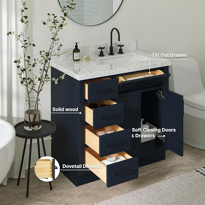 ARIEL Hepburn 36-inch Bathroom Vanity Base Cabinet,Solid Wood, 2 Soft Closing Doors, 5 Dovetail Drawers, Midnight Blue