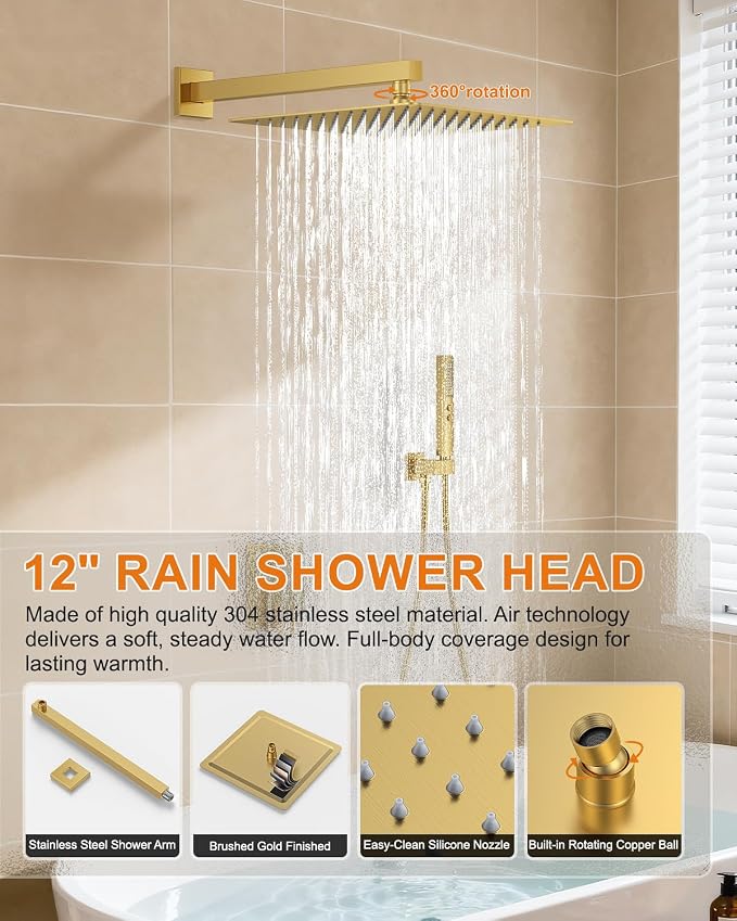 Brushed Gold Shower System with Tub Spout, Wall Mounted Bathtub Shower Faucet Set, 12" Rainfall Shower Head and Handheld Shower Combo, High Pressure Shower Fixtures Set with Rough-in Valve