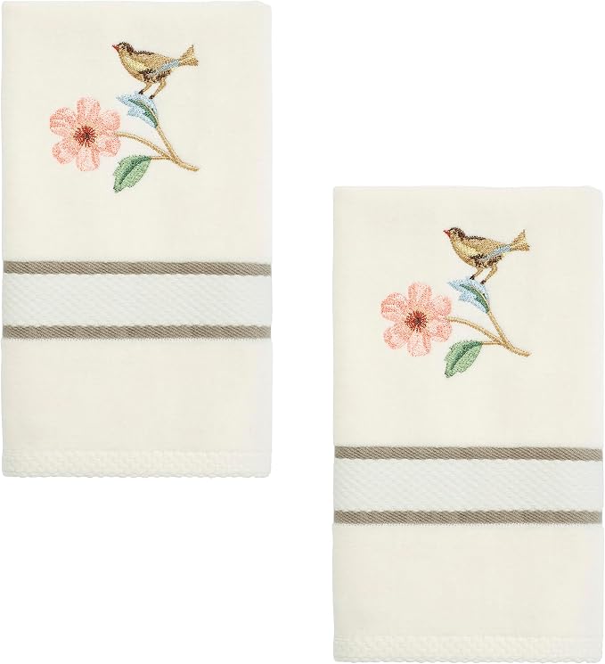 Avanti Linens – Fingertip Towels, Ringspun Cotton Velour with Embroidered Bird & Floral Design, Striped Border Detail, Set of 2 (Pretty Birds)