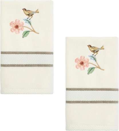 Avanti Linens – Fingertip Towels, Ringspun Cotton Velour with Embroidered Bird & Floral Design, Striped Border Detail, Set of 2 (Pretty Birds)