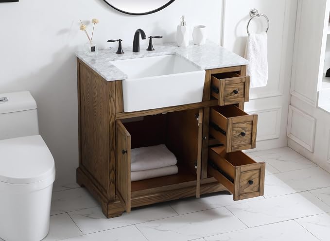 36" Pre-Assembled Bathroom Vanity with Sink, Solid Birch and MDF, Carrara White Marble Countertop Attached, Single Rectangle Porcelain Sink, 3 Soft-Close Drawers, Driftwood