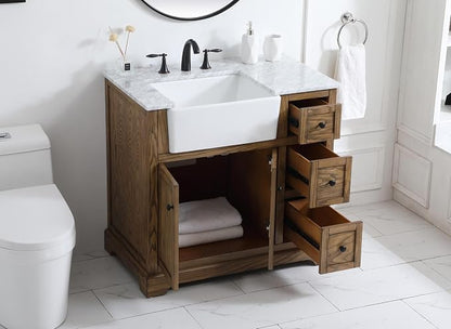 36" Pre-Assembled Bathroom Vanity with Sink, Solid Birch and MDF, Carrara White Marble Countertop Attached, Single Rectangle Porcelain Sink, 3 Soft-Close Drawers, Driftwood