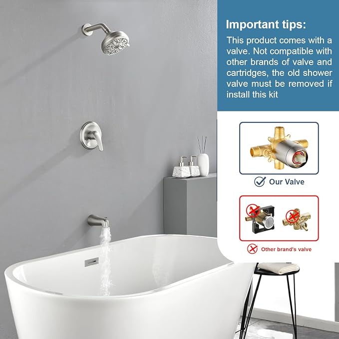 Tub Shower Faucet Combo Set Bathtub Faucet Set Shower System with Tub Spout Shower Tub Kit Shower Valve and Trim Kit Shower Fixtures Brushed Nickel