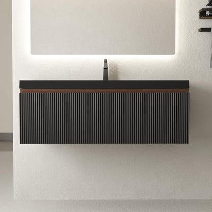 42 Inch Floating Bathroom Vanity with Sink, Wall Mounted Striped Storage Cabinet, Soft Close Drawer, Black Quartz Sand Basin, Fully Assembled, Smoked Walnut Finish