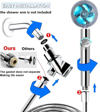 High Pressure Handheld Turbo Fan Shower Kit, 360° Rotatable Filtered Shower Head with Pause Switch, Extra Hose, Bracket, Cotton Filters & Bath Loofah