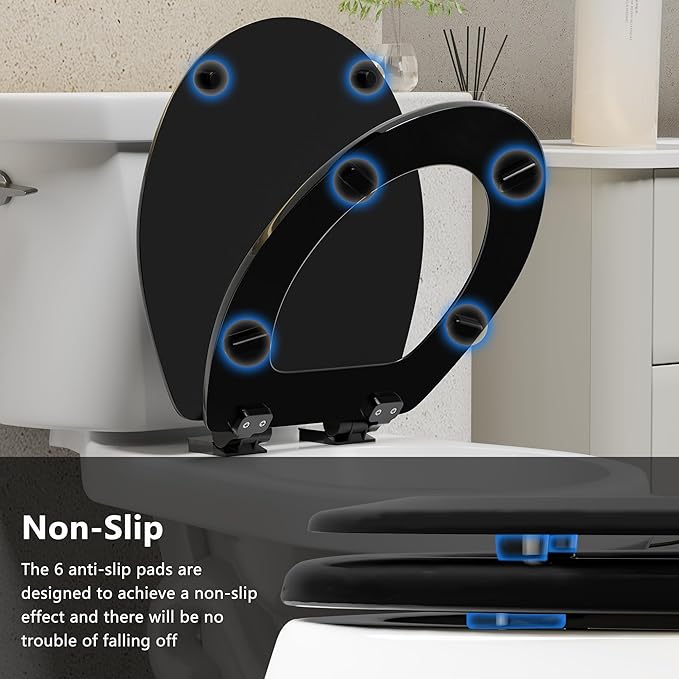 Angol Shiold Quiet-Close Molded Wood Toilet Seat with Non-Slip Adjustable Hinges, Anti-Pinch Bumpers, Easy Install & Clean（Black, Round 16.5''）