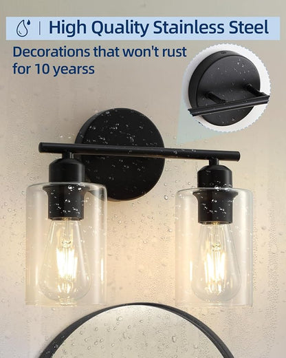 2-Light Bathroom Light Fixtures, Matte Black Bathroom Vanity Lights, Bathroom Lighting Fixtures Over Mirror with Clear Glass Shade, Wall Sconce Light for Bedroom, Living Room and Hallway