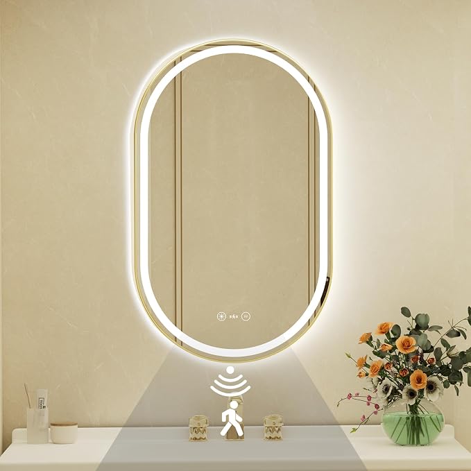 22x36 Inch Oval Gold Framed LED Bathroom Mirror with Lights,Smart Bathroom Mirror,Motion Sensor,Tempered Glass,Anti-Fog,Stepless Dimmable & 3 Colors,Memory,Vanity Mirror for Wall