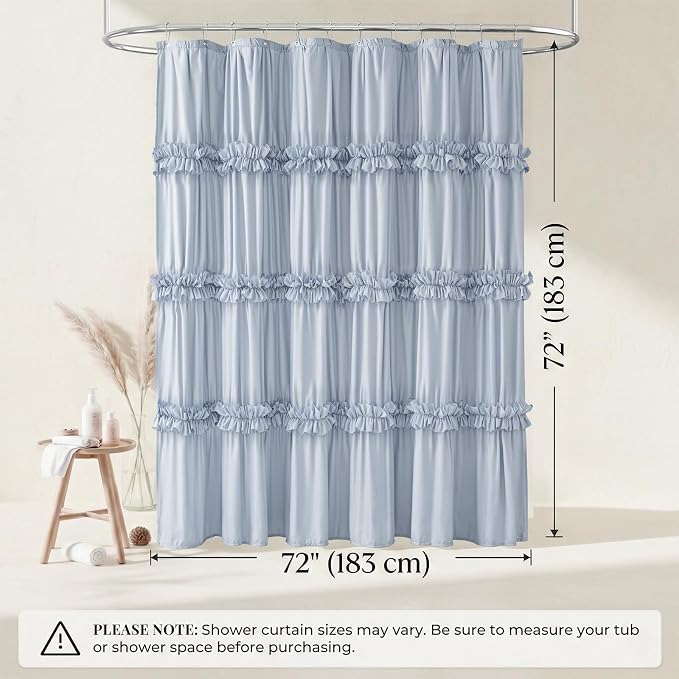 LIPA Boho Rustic Fog Blue Ruffle Shower Curtain 72x72 Inches | Farmhouse Shower Curtains for Bathroom,Water‑Resistant Fabric Shower Curtain,Bohemian Bathroom Decor
