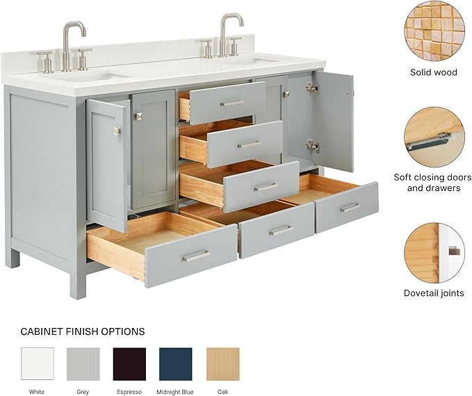 ARIEL Cambridge 66-inch Bathroom Vanity with Sink,Solid Wood, 1.5-inch Pure White Quartz Countertop & Backsplash, Double Rectangular Porcelain Sink, 4 Soft Closing Doors, 6 Dovetail Drawers, Grey