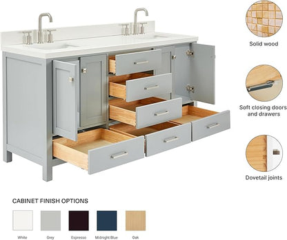 ARIEL Cambridge 66-inch Bathroom Vanity with Sink,Solid Wood, 1.5-inch Pure White Quartz Countertop & Backsplash, Double Rectangular Porcelain Sink, 4 Soft Closing Doors, 6 Dovetail Drawers, Grey