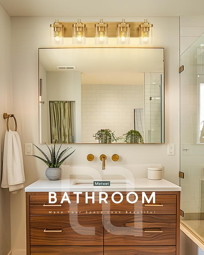 5-Light Brushed Gold Bathroom Vanity Light, Square Clear Glass Shade | Ideal for 34-46" mirrors, 30.5" modern bathroom light fixtures over mirror, E26 base, bulbs not included, VL194-BG-5