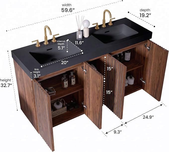 60" Double Bathroom Vanity with Sink (8" Widespread Faucet Holes Predrilled), Mid Century Modern Bathroom Cabinet with 4 Doors & Shelves, Matte Black Sink with Overflow, Walnut